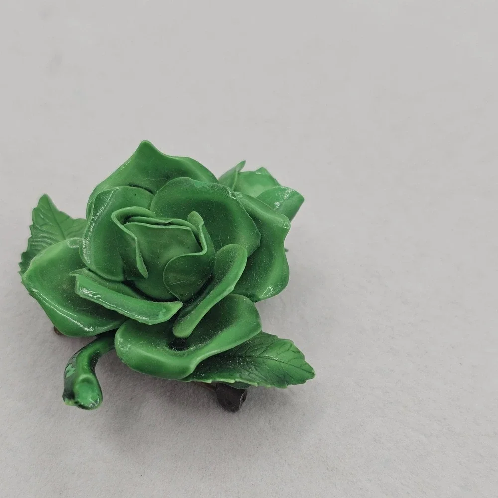 Vintage Green Rose Brooch Floral Leaf Kitschy Mid Century Retro 2 inch Pin